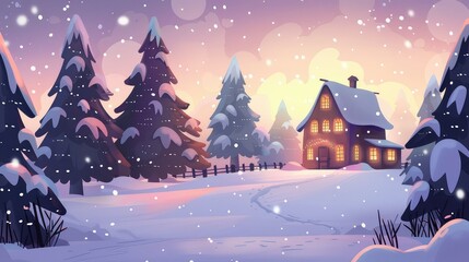 Fototapeta premium Snowy winter landscape with a cozy cabin.