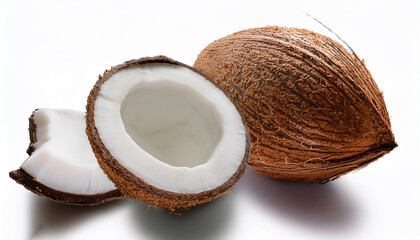 Coconut half with slice and piece, isolated on a clean and smooth white background