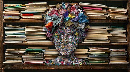 A bookshelf with a face made of books.