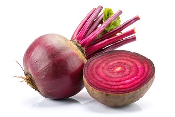 Minimalist whole beet root and half isolated on white background