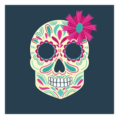 Beautiful decorated skull with calendula flower in turquoise blue and pink colors symbol The day of dead or dia de los muertos. Hand drawn vector flat colored illustration. Mexican traditional holiday