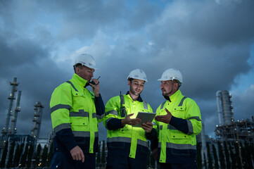 Refinery industry, engineer working with tablet at oil and gas refinery plant industry factory