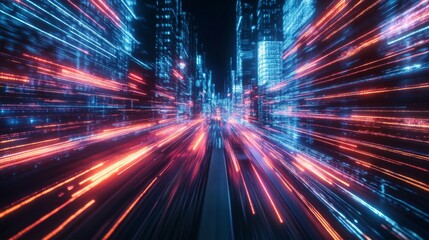 Obraz premium A Futuristic Cityscape with Neon Lights and Glowing Lines