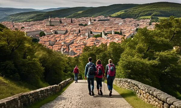Pilgrims arriving at Santiago de Compostela. Camino de Santiago.