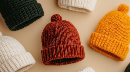 Stylish knit beanies on beige background for fashion and design projects