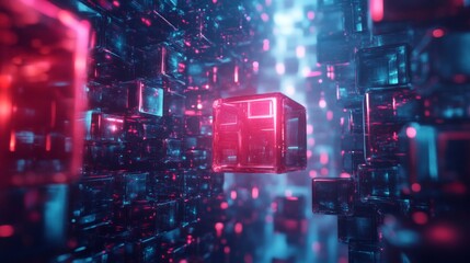 A glowing pink cube levitates in a field of blue cubes, illuminating a futuristic cityscape.