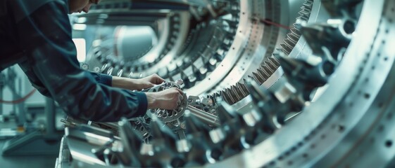 Precise hands adjust complex machinery within a state-of-the-art industrial setting, emphasizing innovation and engineering expertise.