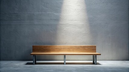 Minimalist wooden bench against white wall with gray wall lit up by windmills