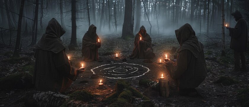 Hooded figures gather in a misty forest clearing, each holding a candle, evoking a mystical and enigmatic ambiance shrouded in ritualistic mystery.