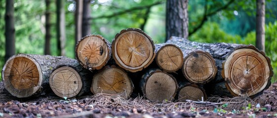 A collection of logs rests across a forest floor, highlighting their organic patterns against the lush green backdrop.
