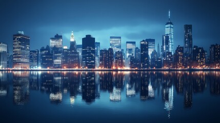 Fototapeta premium A panoramic view of a city skyline at night, with skyscrapers illuminated by the lights reflecting in the water.