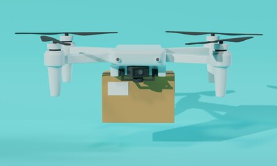 White drone with box delivering parcel on blue background. 3d rendering 