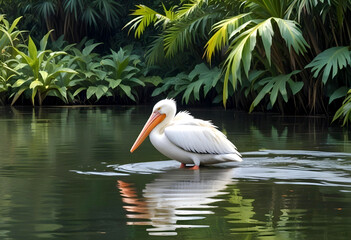 Obraz premium Pelican on the water with green leaves