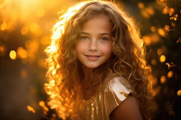 Fototapeta premium Joyful Child in Golden Light with Curly Hair