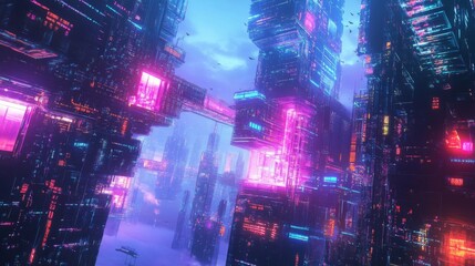 Obraz premium Futuristic Cityscape with Neon Lights and Flying Objects