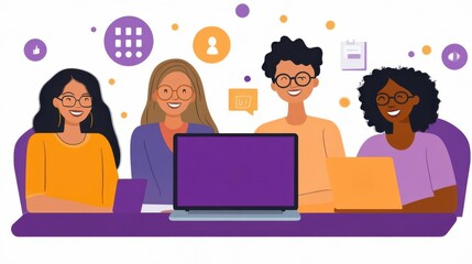 Four diverse individuals collaborating with laptops and digital tools, showcasing teamwork in a modern workspace.