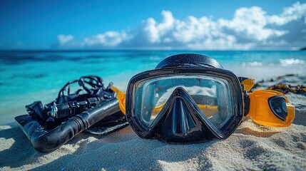 Snorkeling gear on a sandy beach with a clear ocean backdrop.