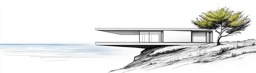 Minimalist house on a cliff, overlooking the ocean, sharp angles and concrete textures, black and white, architectural sketch