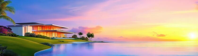 Luxurious mansion with a vast garden, infinity pool, and modern architecture, high detail, sunset, photorealistic