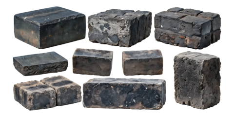 set of Weathered old black brick isolated on white background.AI GENERATED