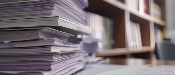 Tall stacks of organized papers fill the frame, representing academia's diligent pursuit of documentation and knowledge preservation.