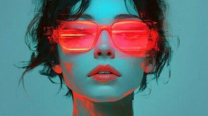 Fototapeta premium A woman stands with her eyes closed, showcasing striking neon sunglasses. The background is a vivid blue, creating a captivating contrast with her features.