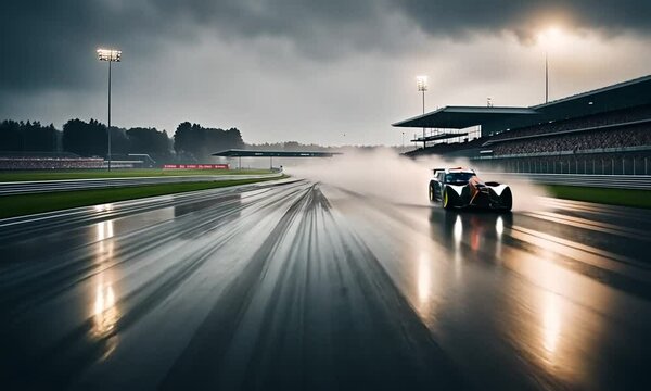 Raining on a racing circuit.