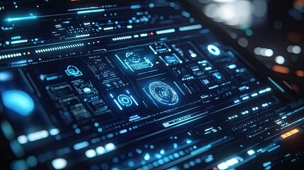 Obraz premium Close-up of a modern laptop displaying a smart digital interface, with futuristic technology icons floating on the screen