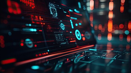 Obraz premium Close-up of a modern laptop displaying a smart digital interface, with futuristic technology icons floating on the screen