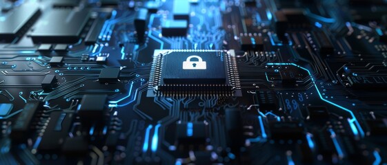 A glowing lock icon sits atop a complex network of circuits, symbolizing digital security and innovation.