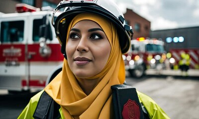 Muslim Woman firefighter at the fire station. - Powered by Adobe