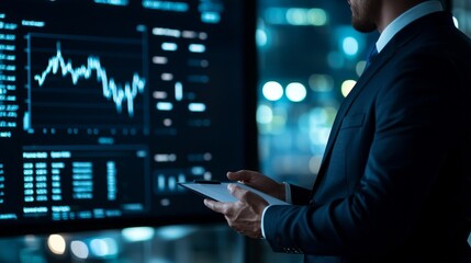Businessman analyzing data on a digital screen in a modern office setting.