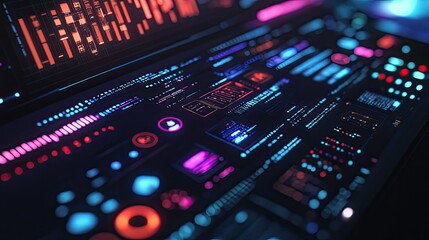 Close-up of a sleek laptop showing a digital futuristic interface, with vibrant technology symbols floating on the screen