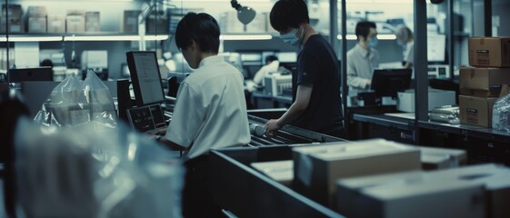 Workers move efficiently in a sleek warehouse, managing packages amidst advanced technology and streamlined operations.