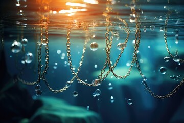 Chains Underwater with Bubbles and Sparkling Light