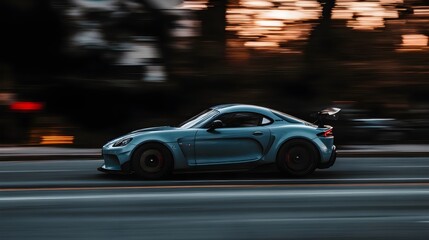 Blue Sports Car in Motion on the Road