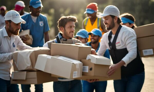 Volunteers with boxes of food.