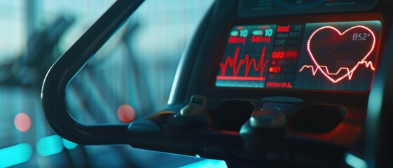 A heart-shaped graphic pulses on a treadmill display, highlighting the synchronization of technology and personal health goals in a modern gym.