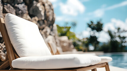 Fototapeta premium A designer outdoor lounge chair with plush white cushions set against a beautiful poolside background featuring blue skies and greenery
