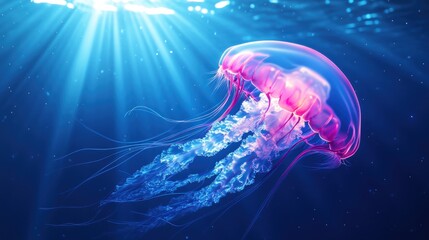 Pink Jellyfish in Blue Ocean