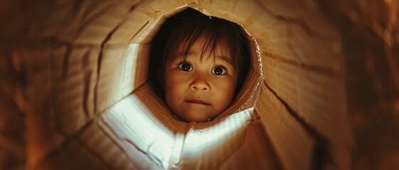 A child peers into a world of wonder behind cardboard walls, their wide-eyed gaze full of stories untold.