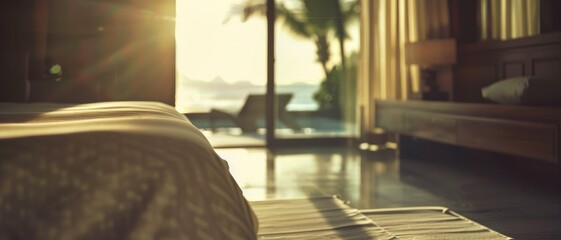 A sunlit bedroom with ocean views and minimalist decor offers a perfect blend of comfort and nature's tranquility.