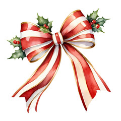 A watercolor painting of a Christmas bow with holly sprigs, isolated on a white background.