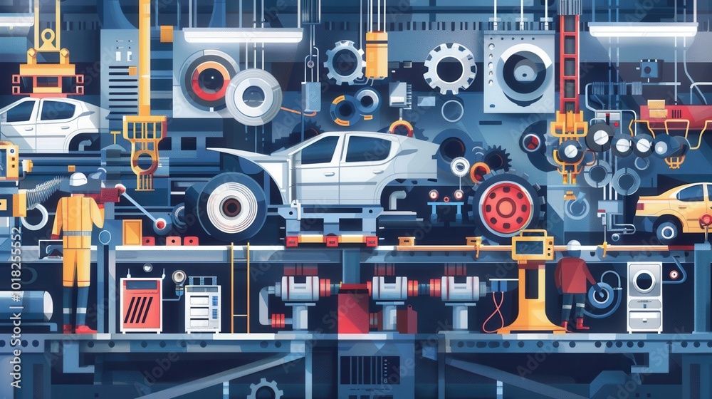 Aufkleber machinery operates alongside workers to produce various car parts in an automotive production settin