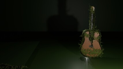 3d render of acoustic guitar with ivy vines growing around it