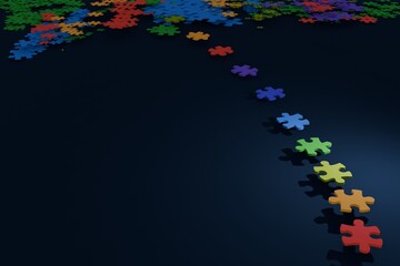 Obraz premium 3d render of rainbow colored jigsaw pieces leading to pile