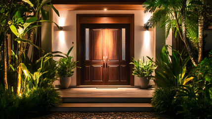 Elegant wooden front door stands illuminated by soft lights, surrounded by lush greenery and planters, creating a welcoming and serene entrance