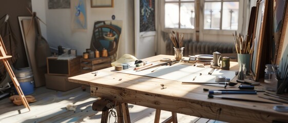 Sun-drenched artist's studio with an arrangement of brushes and paints on a rustic wooden table invites creativity and warmth.