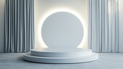 Fototapeta premium Minimalist Stage with White Circular Backdrop and Curtains
