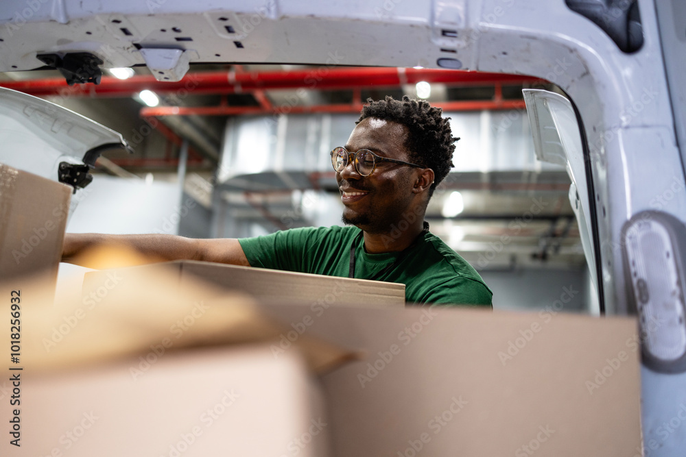 Sticker Loading delivery truck with packages. Shipping business.